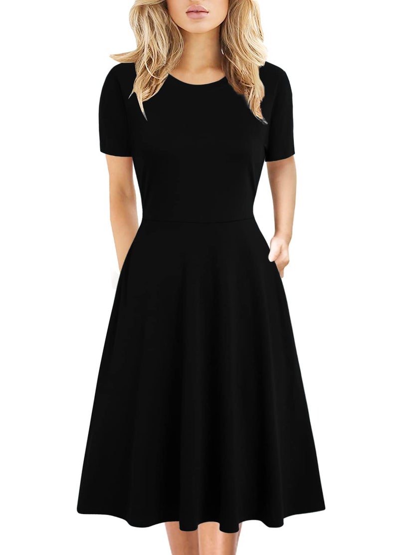 HELYO Prime Wardrobe Womens Clothing Plus Size Dress 50s Office Vintage Round Neck Work Party Casual Pockets Dresses for Lady 162 (XXL, Black Solid) - Image 1